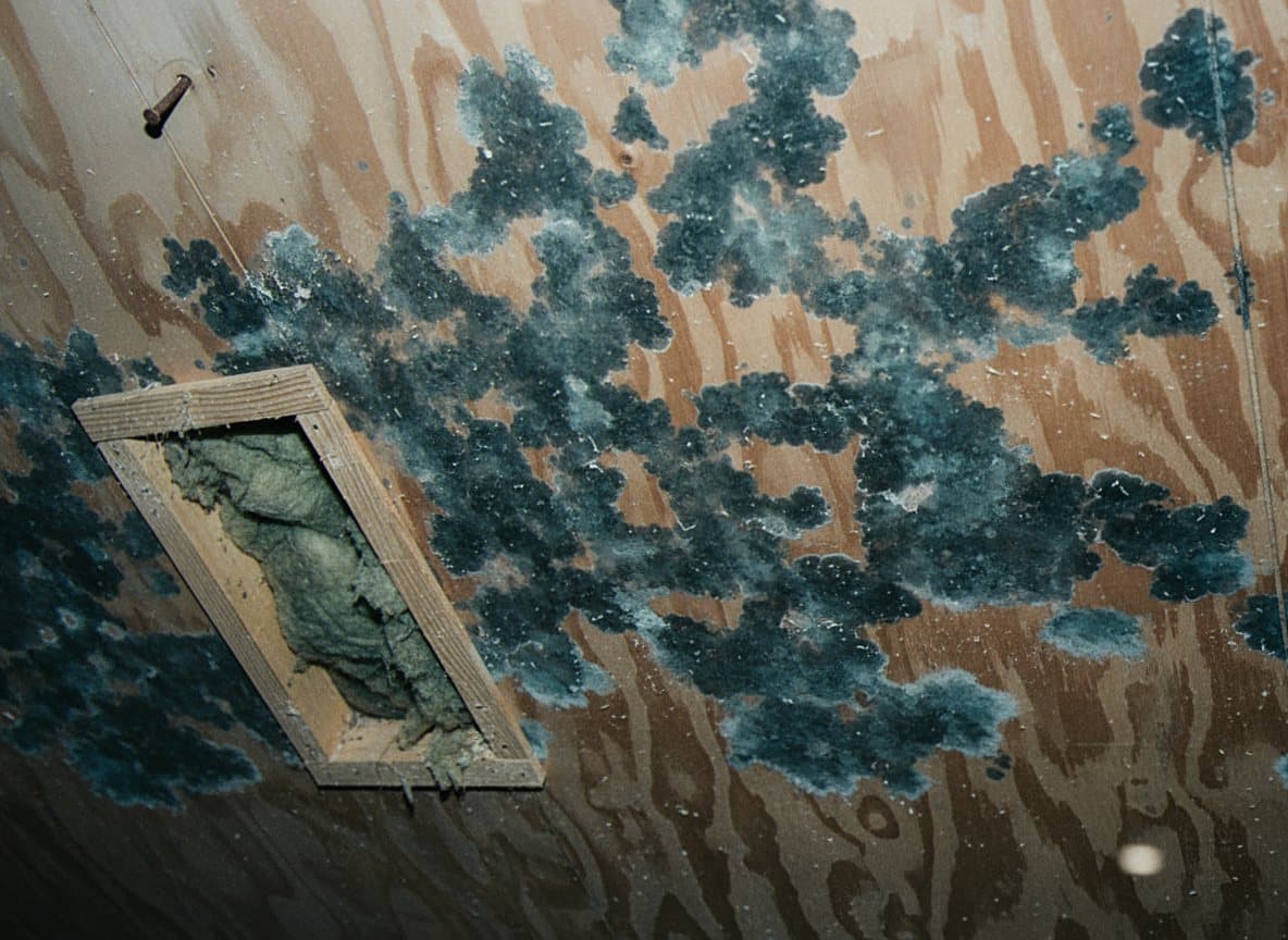 Dark mold growth across attic roof decking
