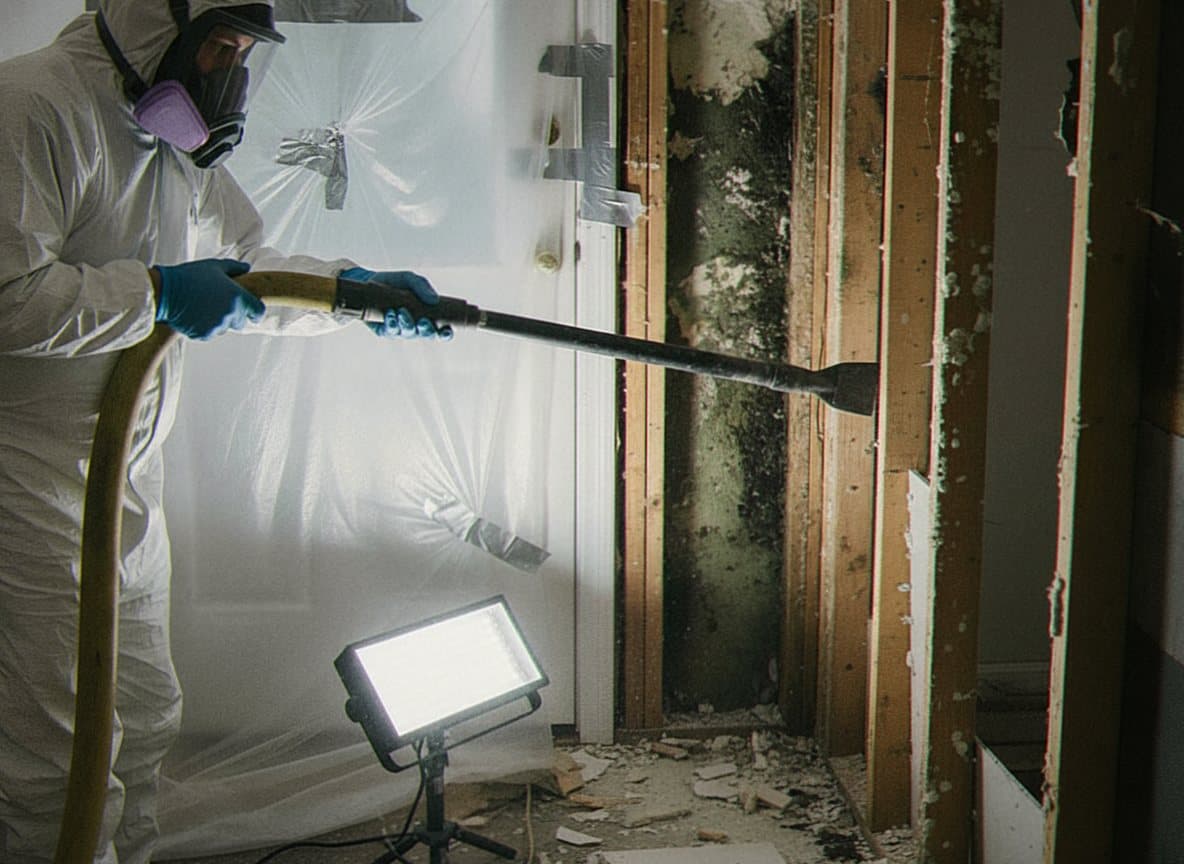 Crew removing black mold behind plastic containment sheeting