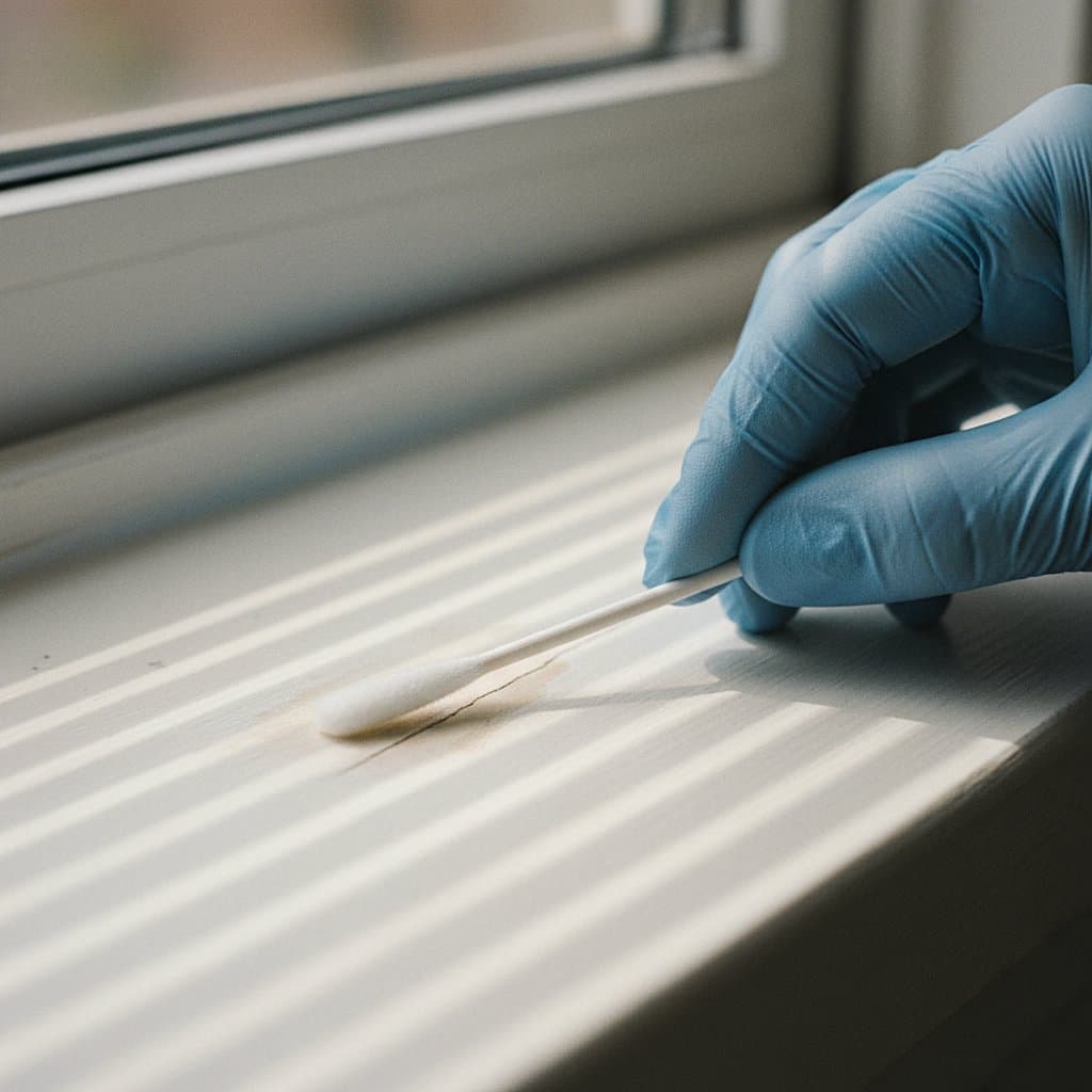Gloved hand taking a surface mold swab sample
