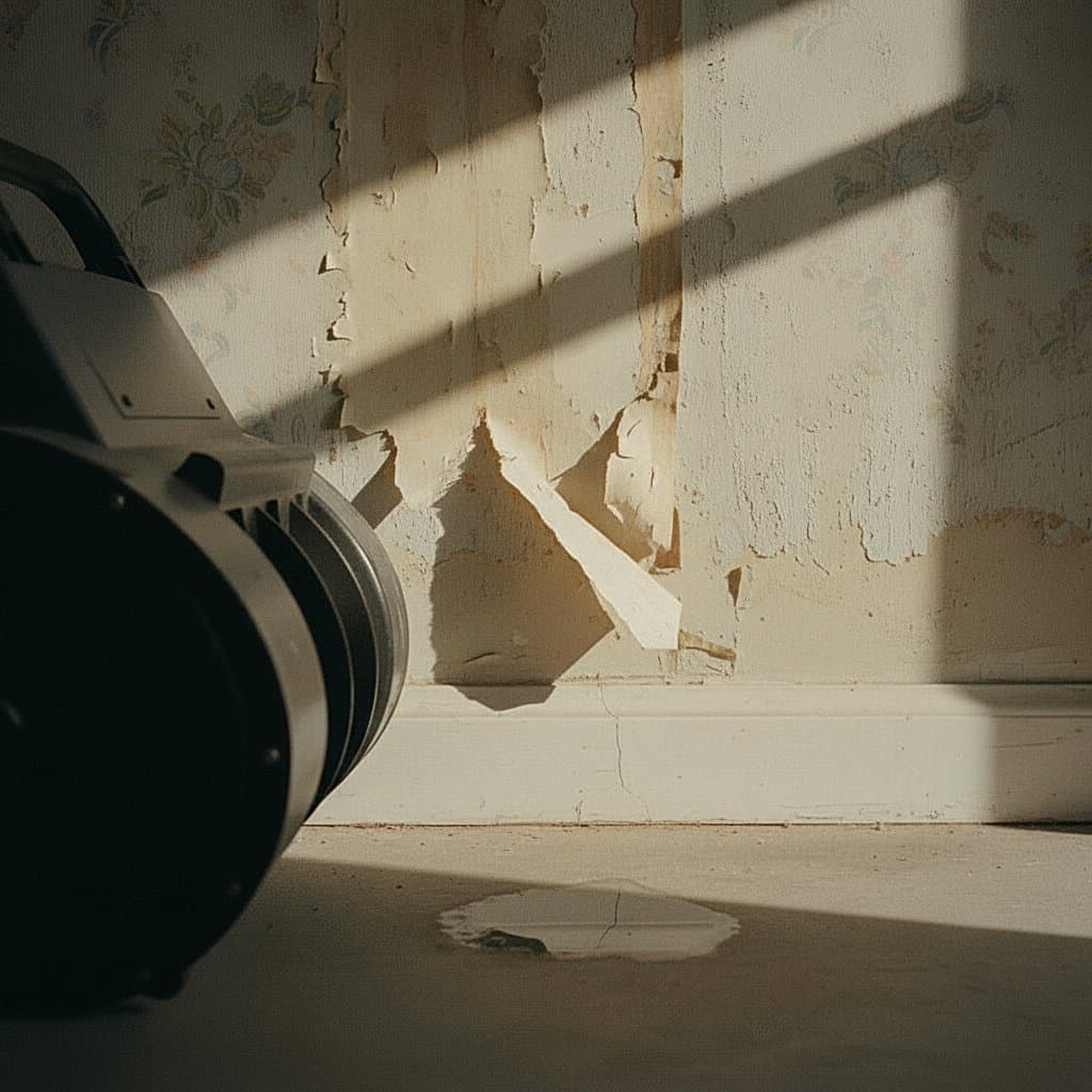 Air mover aimed along a wet baseboard