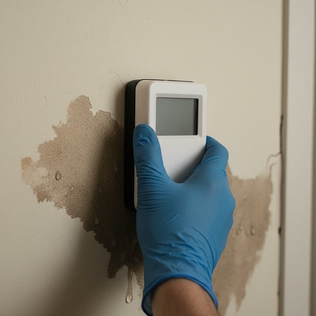 Moisture meter reading on a damaged wall